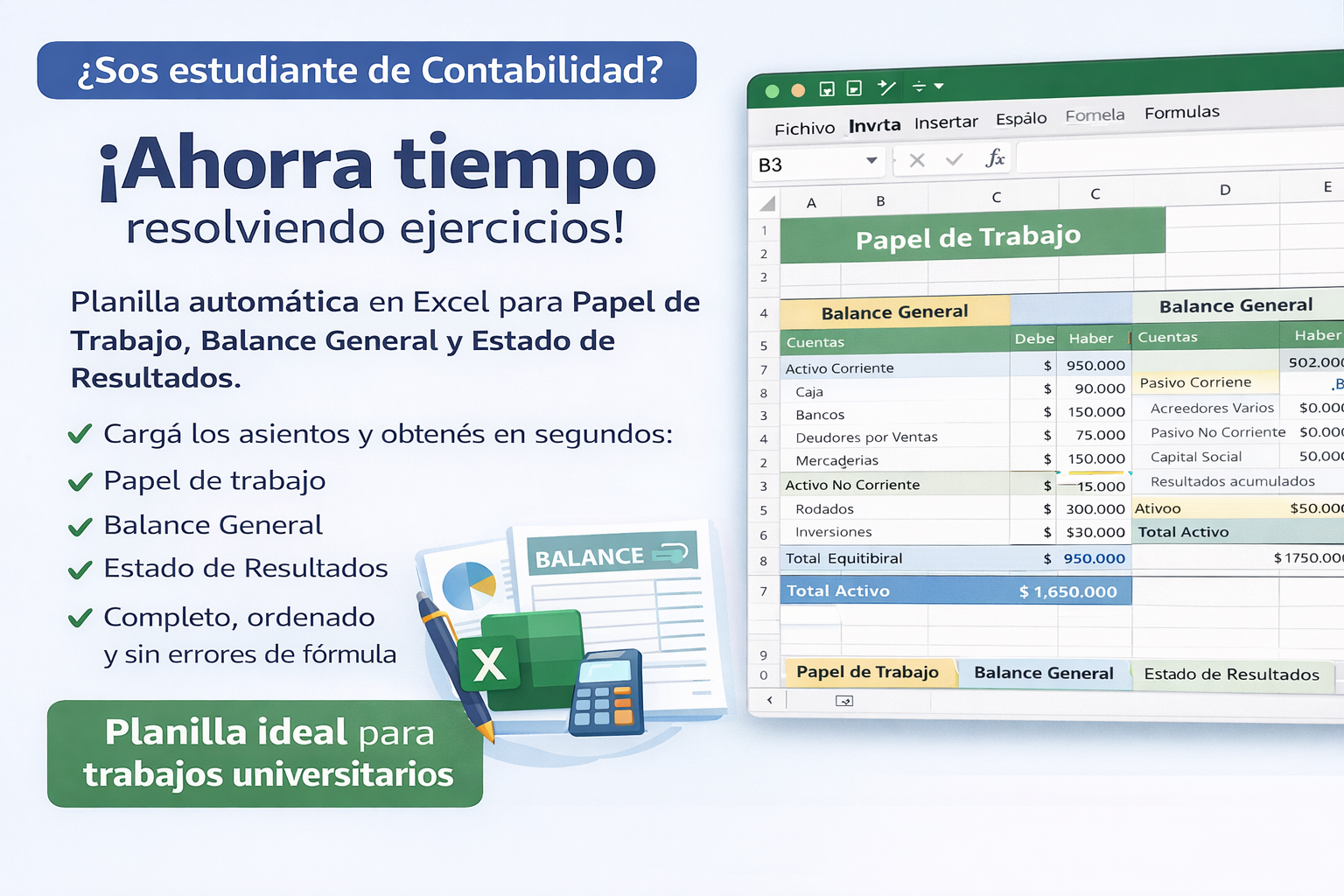 Sistema contable en Excel para armar EECC + caso práctico + guía + soporte